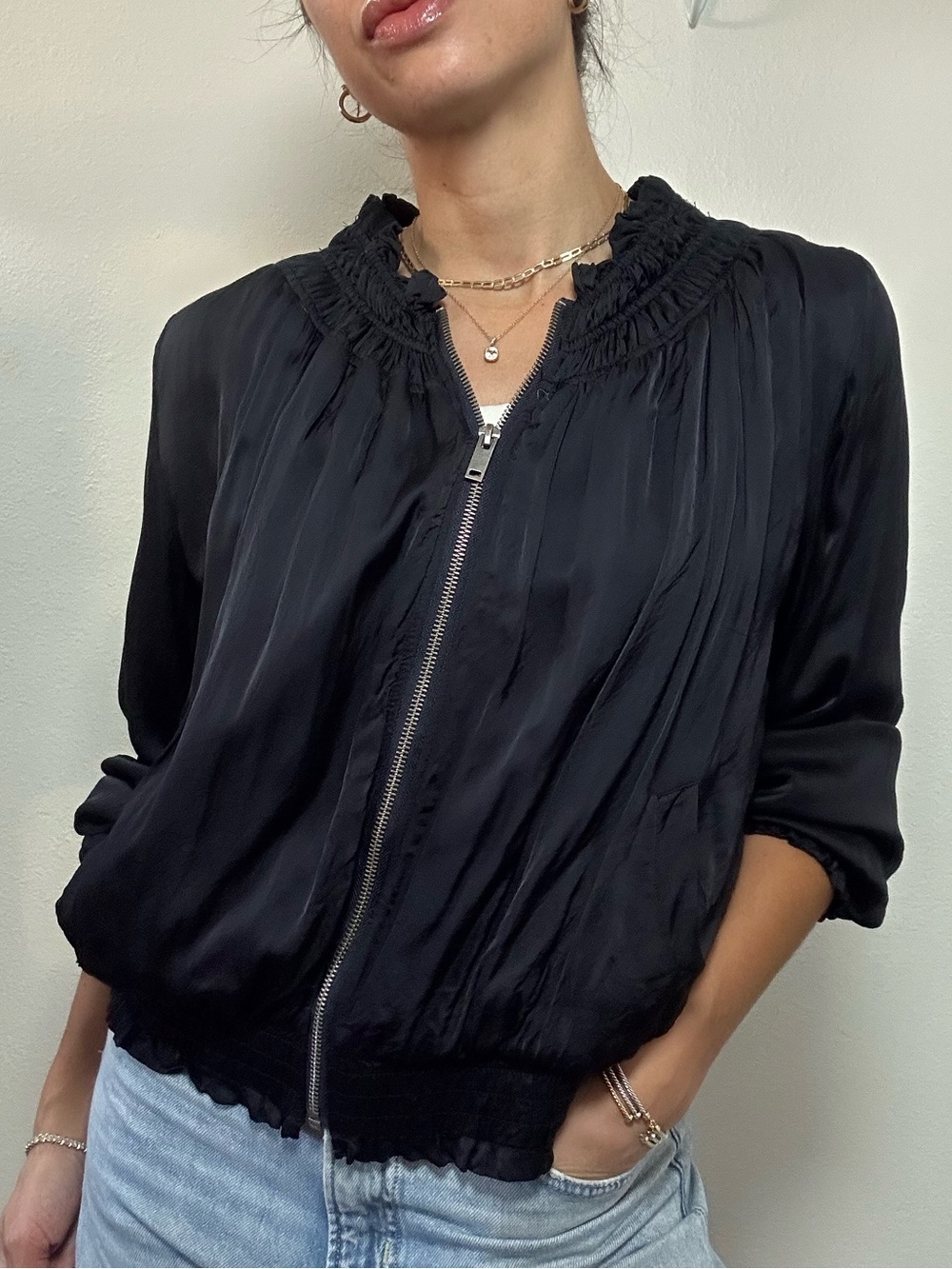 Decjuba Navy Blue Satin Bomber Jacket Embroidered Back Zip Front Size L